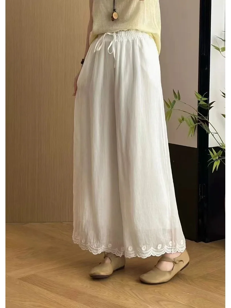 

Ретро-брюки из льна однотонного цвета с широкими штанинами, свободные повседневные двухслойные брюки длиной 7/8 для женщин больших размеров, летние