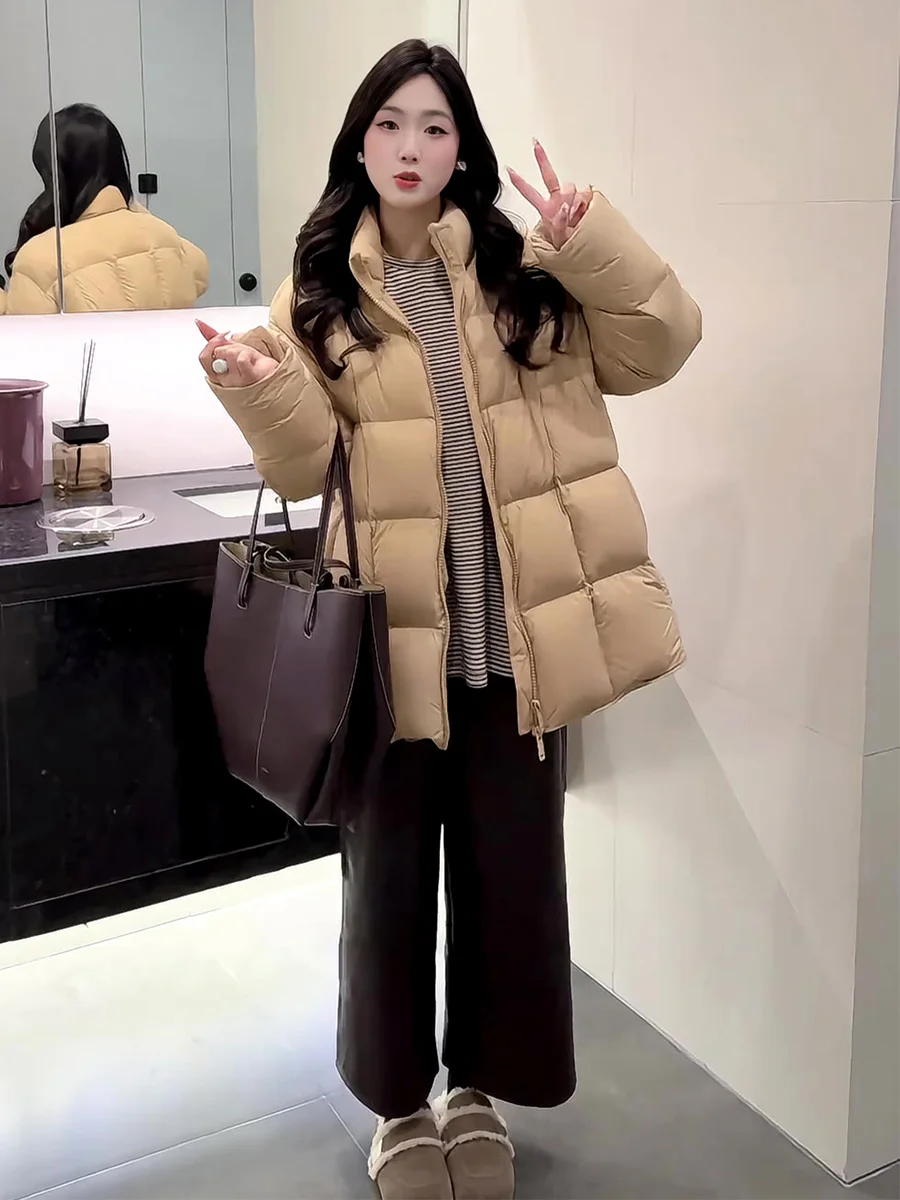 

Корейская женская пуховая куртка с воротником-стойкой, зима 2026, свободный крой, универсальная, новая, на 90% из белого пуха, теплая верхняя одежда
