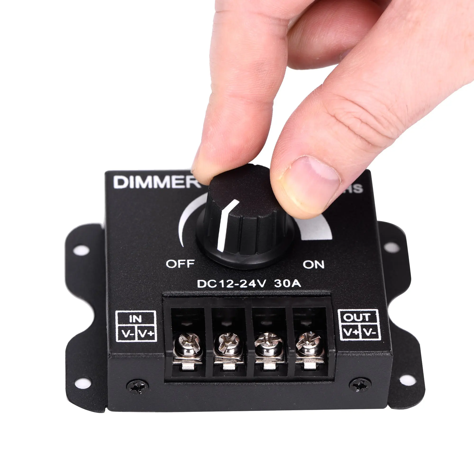 LED Light Strip Dimmer, DC12V-24V 30A PWM Dimming Controller for Dimmer Knob Adjust Brightness ON/Off Switch, Aluminum Housing