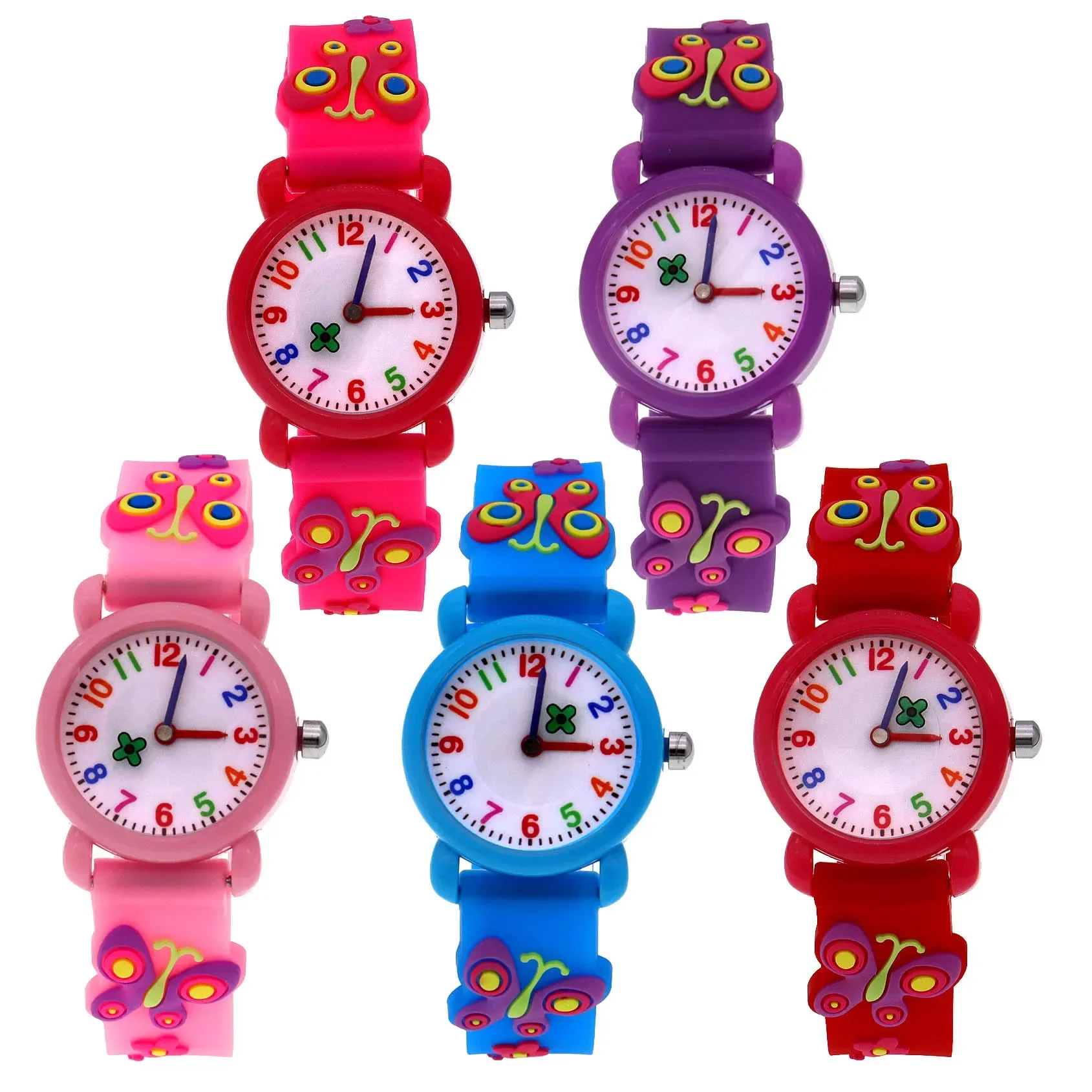 5Pcs Cartoon 3D Butterfly & Flower Quartz Wristwatch Set for Girls Students - Move Hands Baby Clock Design