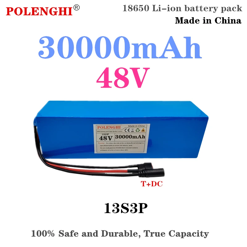 48V battery 30Ah 13S3P T+DC 18650 lithium-ion battery pack, suitable for 54.6V electric bicycles and scooters with BMS charger