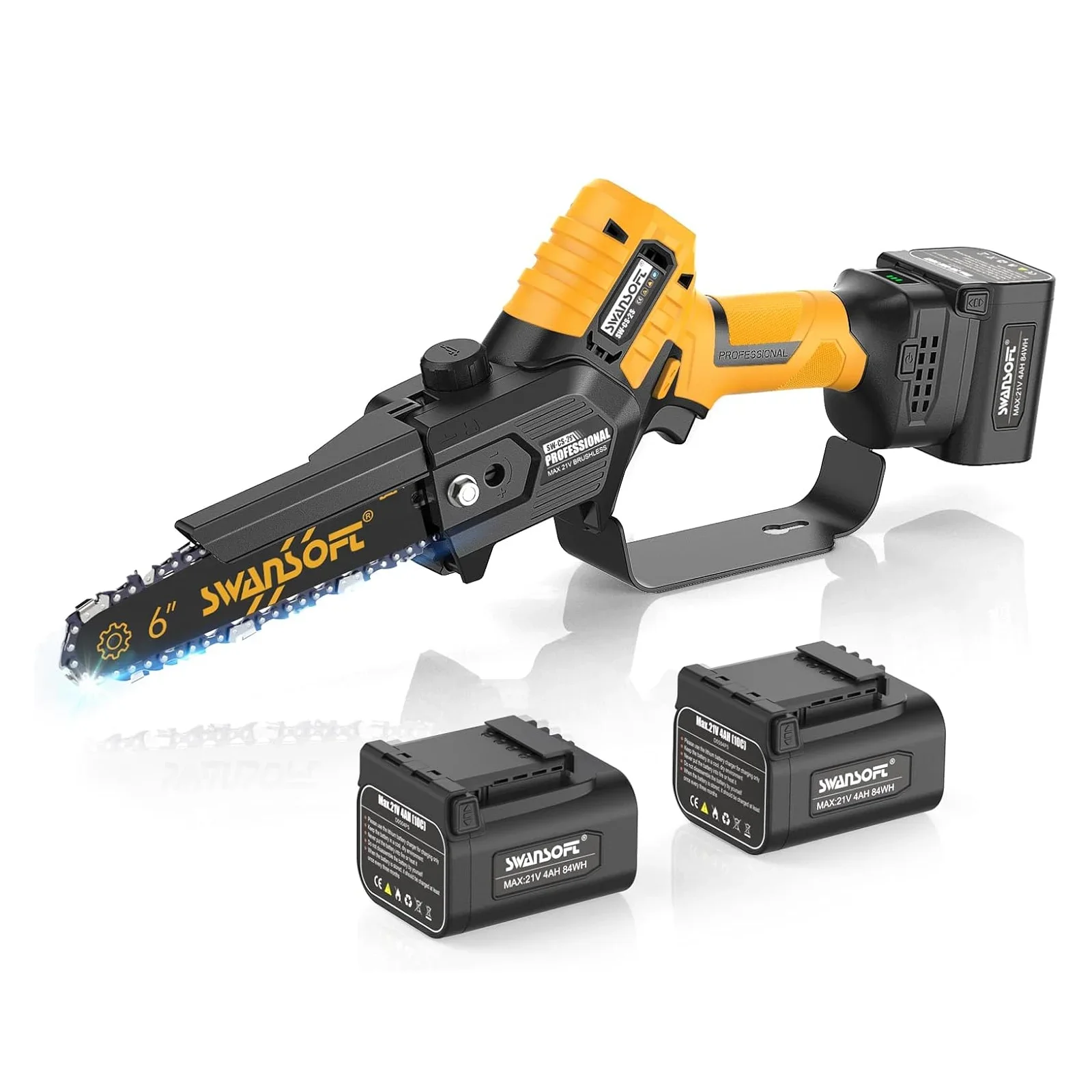 SWANSOFT 6-Zoll Mini-Elektrokettensäge mit Zwei 4Ah Akkus, Bürstenlosem Motor, 30-60 Minuten Laufzeit, Gartenwerkzeug CS-2S