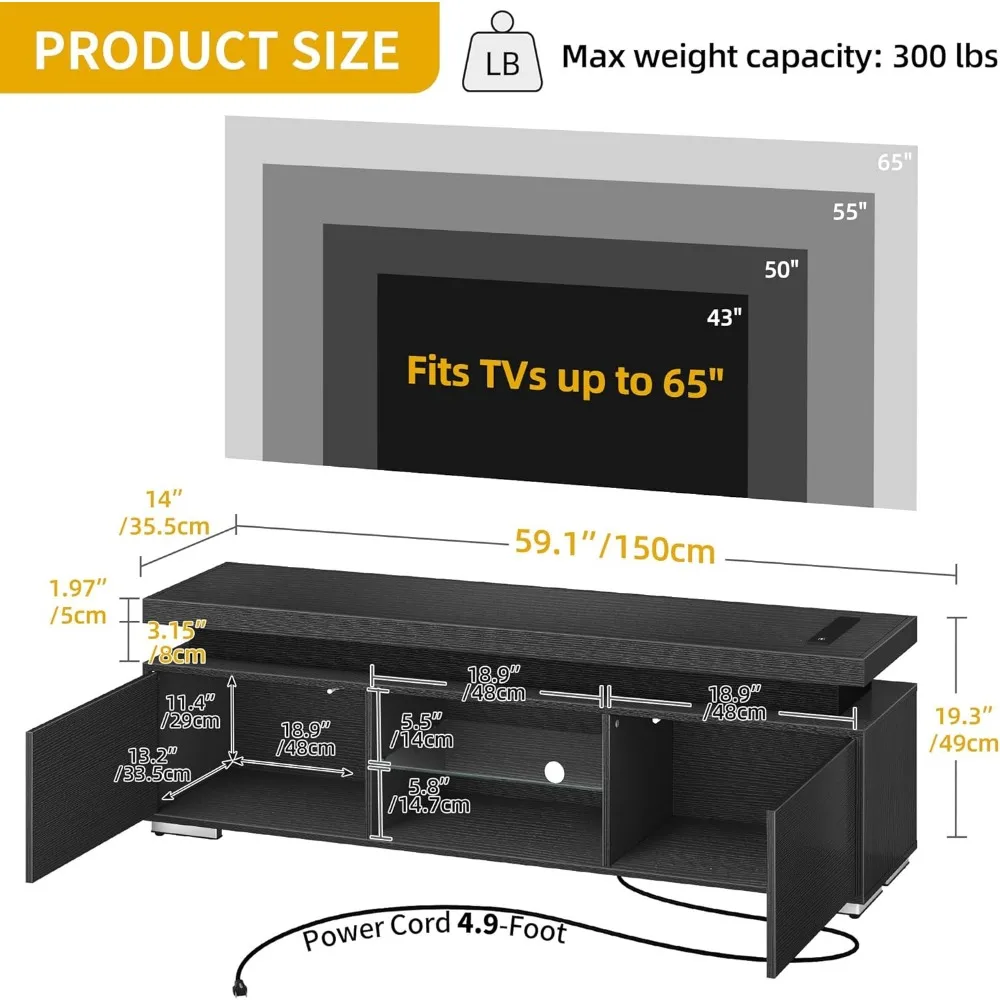 Soporte de TV, luces LED y toma de corriente, centro de entretenimiento moderno para 55/60/65 pulgadas, soportes de TV