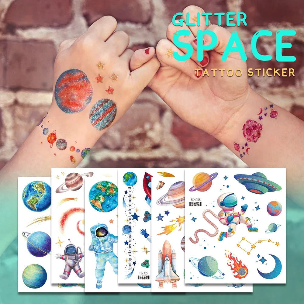 New Outerspace Temporary Tattoos For Kids Cartoon Body Art Face Tatoos Glitter Shinny Washable Fake Tattoo For Children Birthday