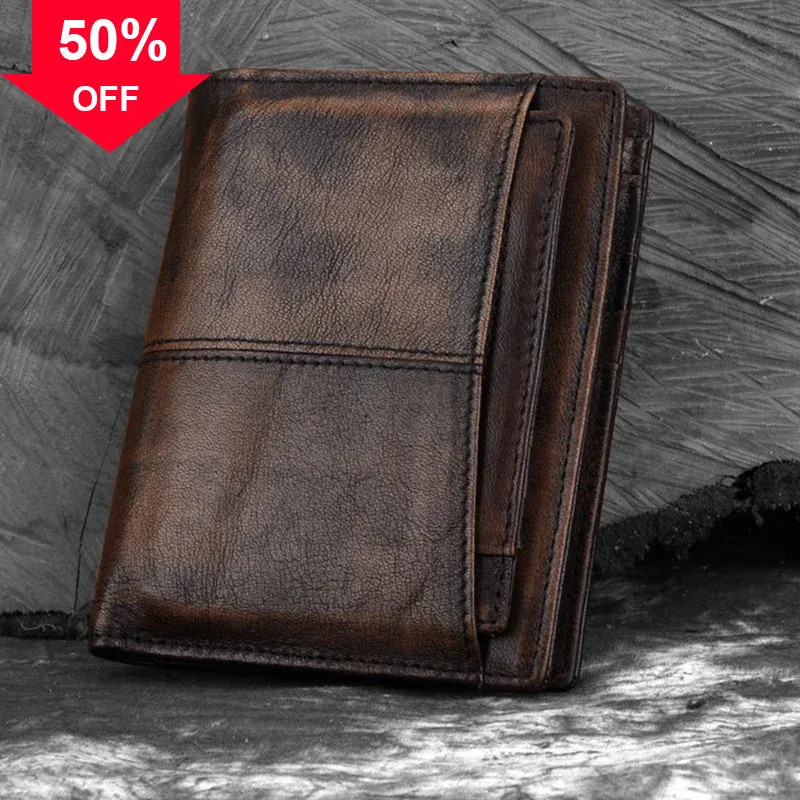

Men Genuine Tanned Leather Bifold Wallet Small Clutch Bag Coin Pocket ID Card Holder Clip Natural Skin Male Short Money Purse