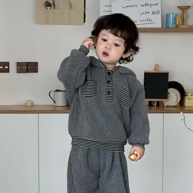

Boys Girls Fleece Hooded Sweatshirt 2pcs Suit Infant Toddler Thick Warm Outfits 2025 Winter New Baby Long Sleeve Clothes Set