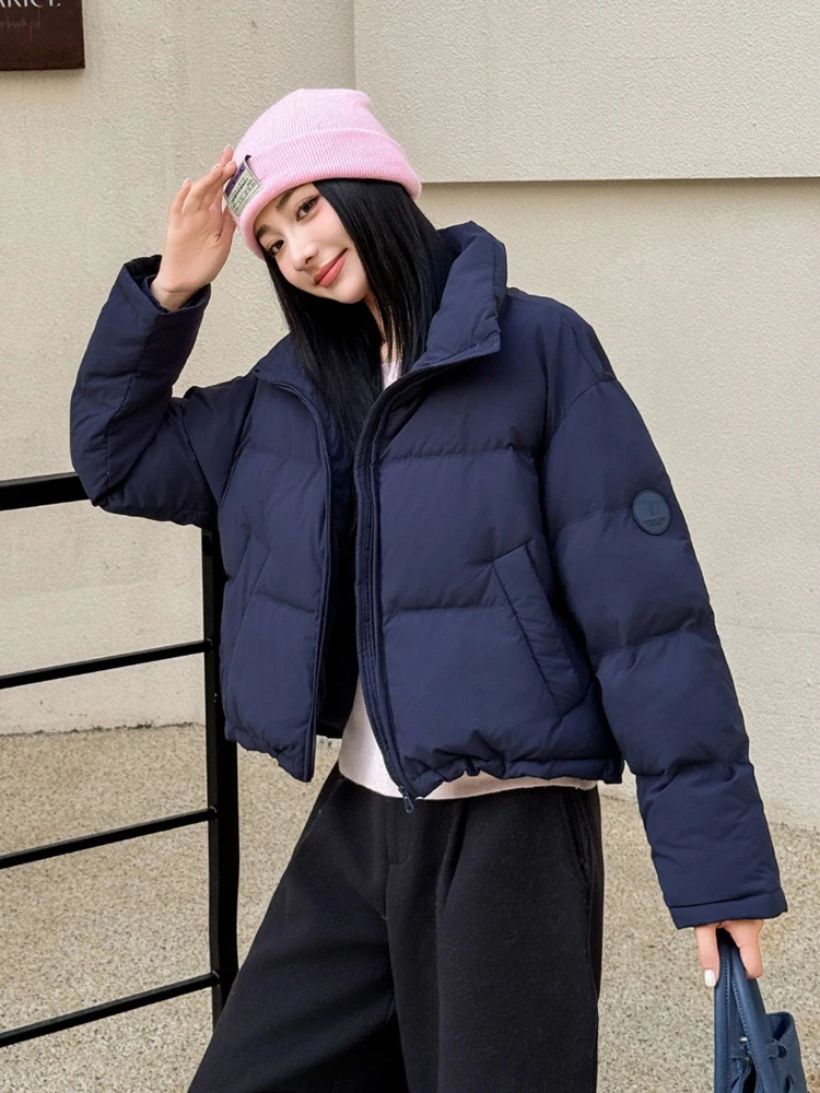 

Зимний пушистый пуховик с коротким воротником-стойкой, женский белый утиный пух на молнии, однотонная верхняя одежда Parker, женские утепленные куртки-пуховики