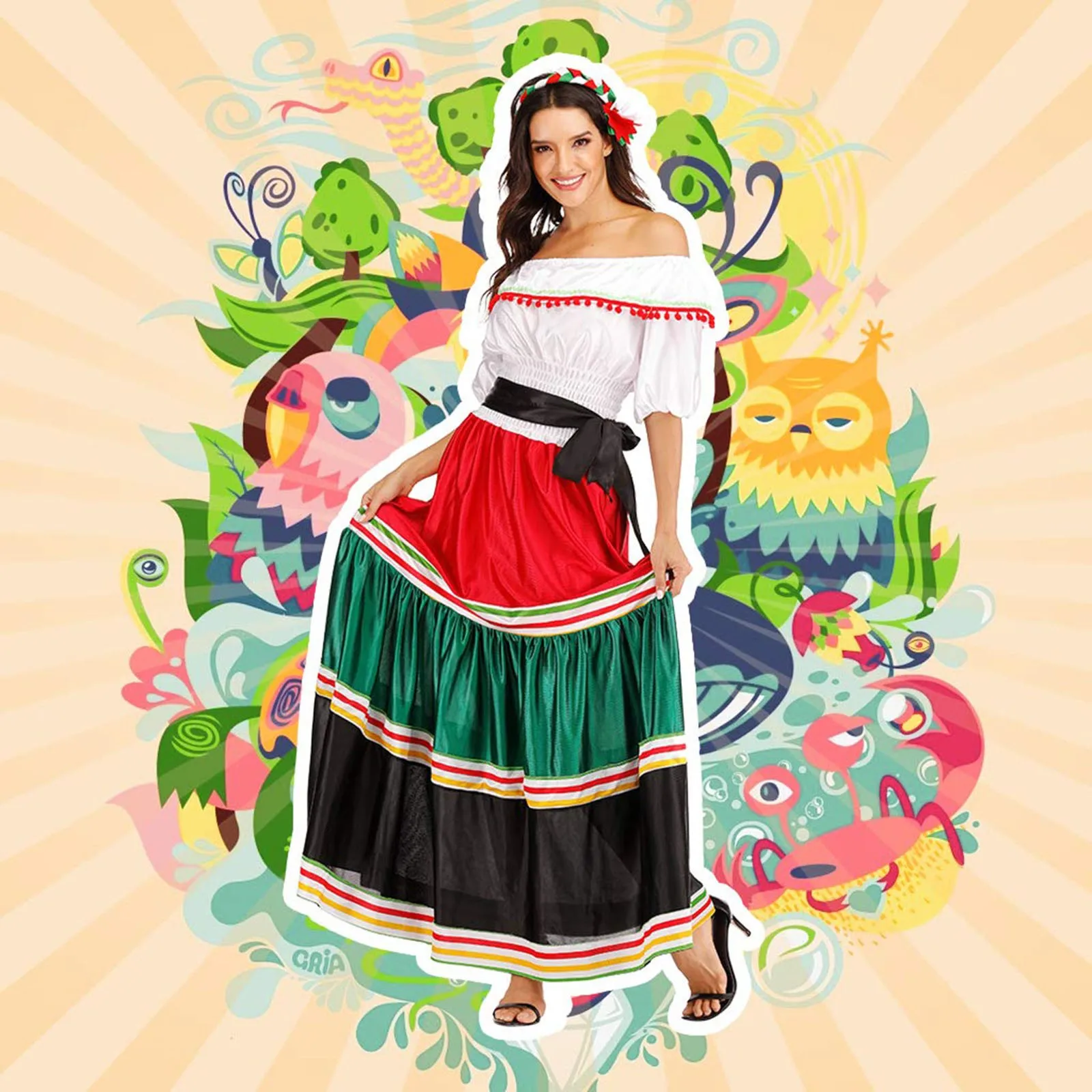 Halloween Costume Mexican Dress Adult Traditional Senorita Dance Elegant Off Shoulder Dresses Casual Summer Color Block Dress