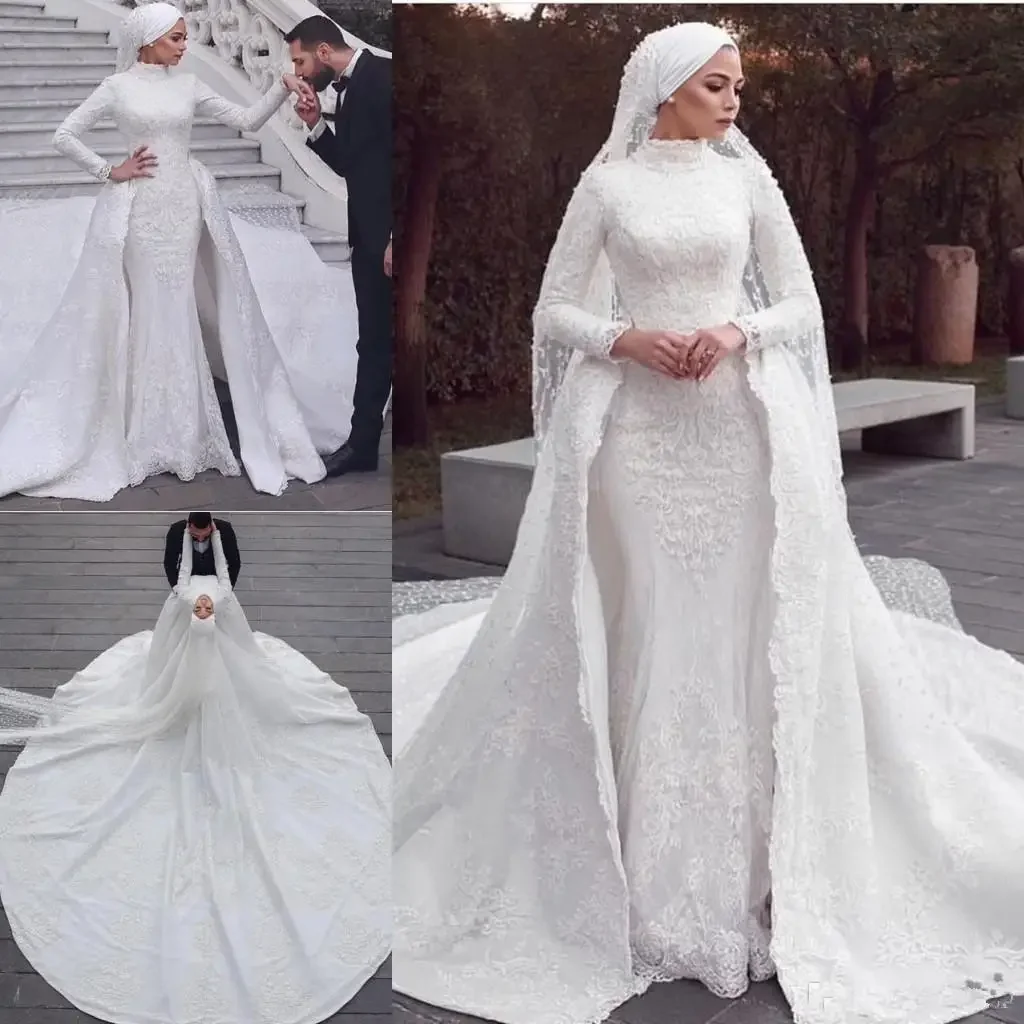 Robe de mariée sirène musulmane personnalisée avec poignées, train amovible, appliques en dentelle, surjupe, cour, train, patients vintage, quoi que ce soit