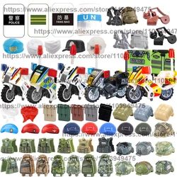 Military Building Blocks SWAT Shield Police Motorcycle Solider Figure Accessories Helmet Backpack Crossbody Bag Beret Vest Brick