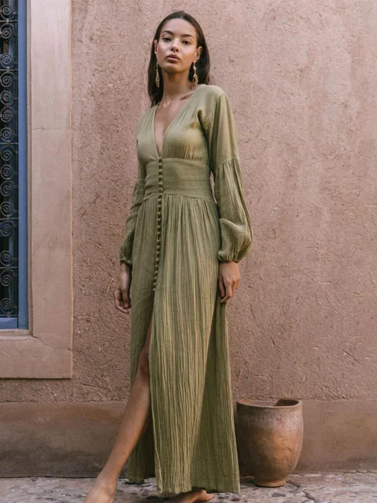 Spring and Summer New French Retro Solid Color Temperament V-neck Long Skirt Waist Pleated Loose Temperament Long-sleeved Dress