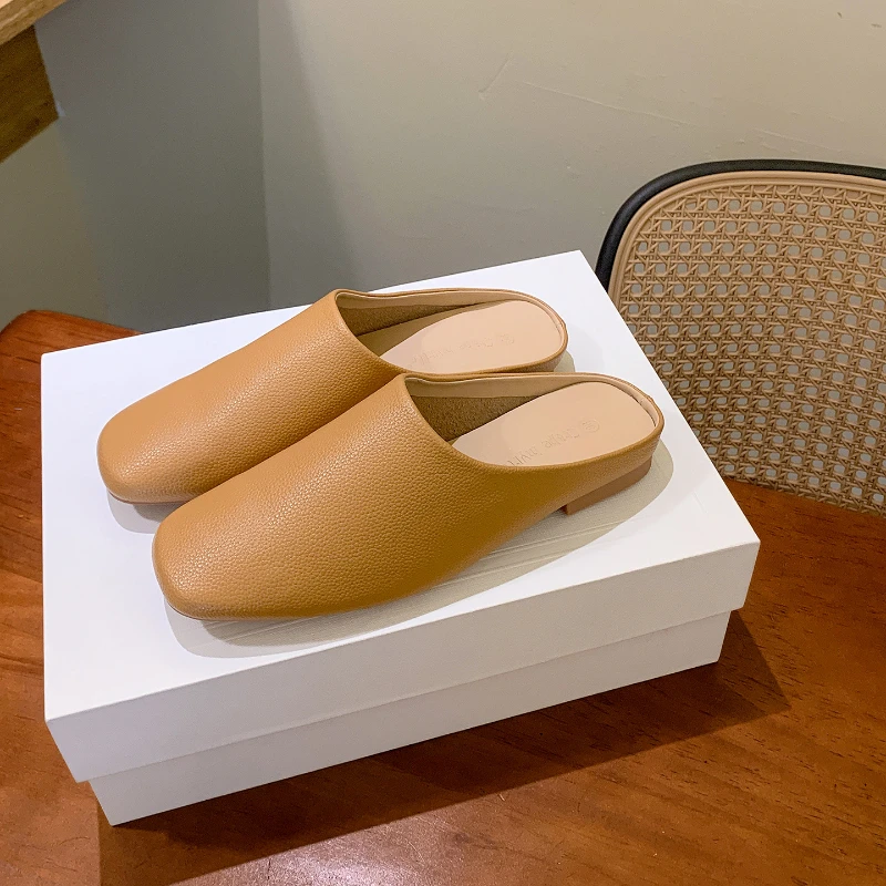 Women Minimalist Leather Mules Square Toe Slip On Backless Flat Slippers Soft Lightweight Three Color Casual Outdoor Walking
