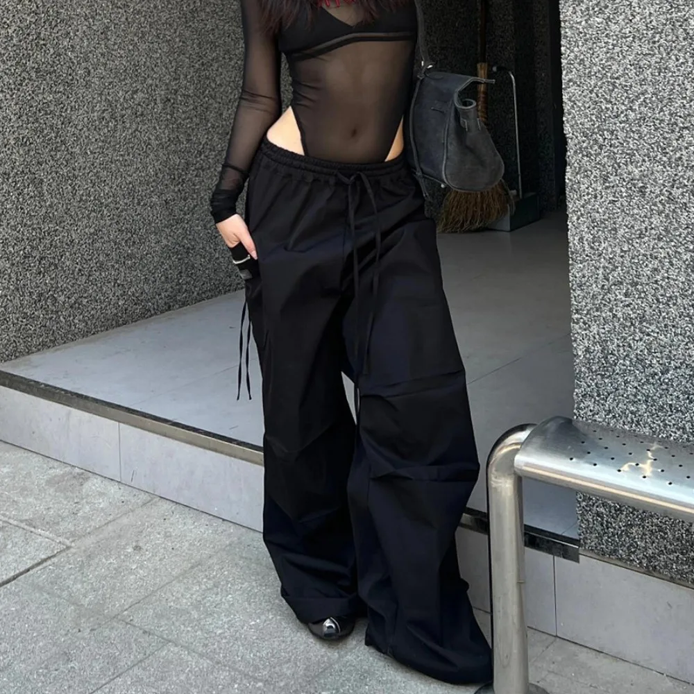 Baggy Pants for Women Versatile Wide Leg Solid Thin Simple Dancer Shopper Drawstring Elastic Waist Fashion Korean Style Female