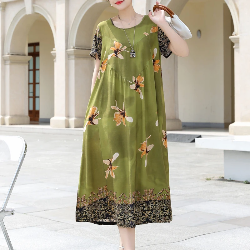 Vestidos informales de verano para mujer, ropa holgada de manga corta con cuello redondo y estampado Floral, Estilo Vintage, nueva moda