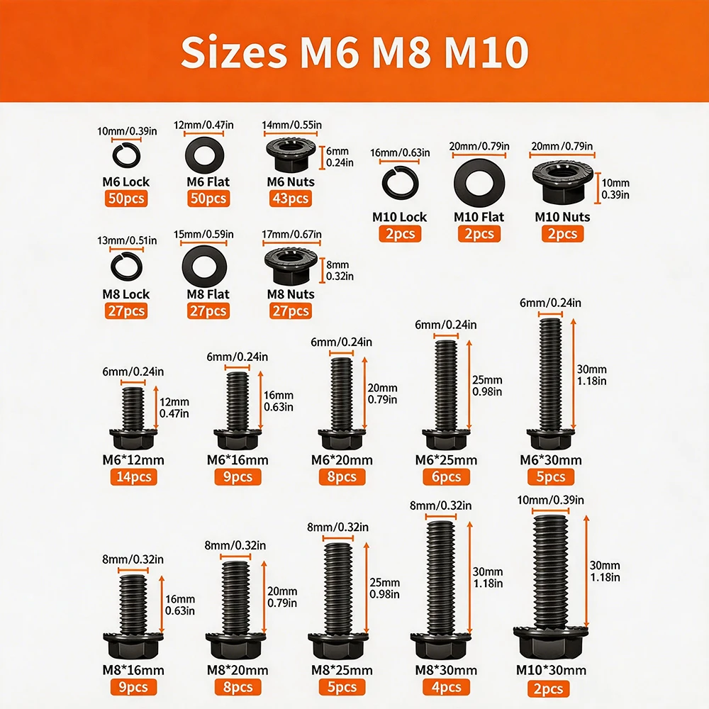 300Pcs Flange Bolt Kit M6-M10 Hex Bolts Nuts Washers, Black Alloy Steel, Class 10.9, 12-30mm, Heavy Duty, Auto Repair