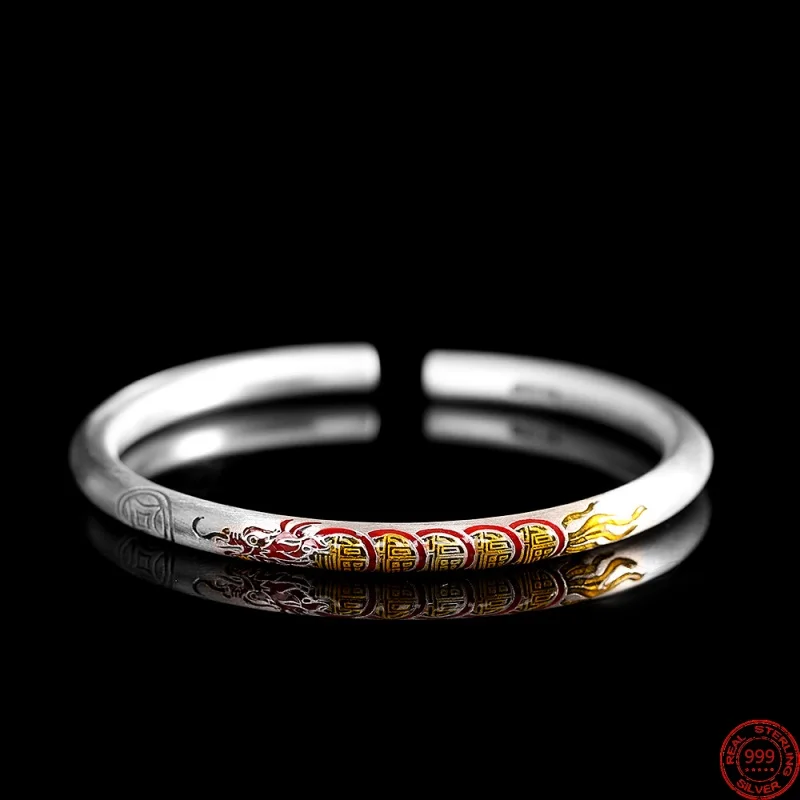 

S999 Sterling Silver Bracelets for Women New Fashion Cloisonne Flying Dragon FU Letter Ethnic Style Bangle Jewelry Free Shipping