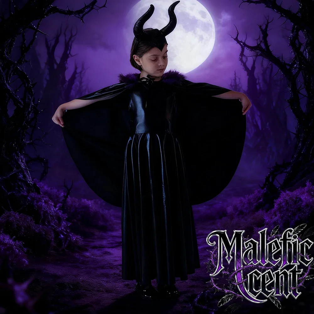 고딕 다크 요정 의상 세트 - 테마 파티와 코스프레를 위한 탈부착 가능한 뿔 머리장식이 있는 말레피센트 스타일 검은 망토 드레스