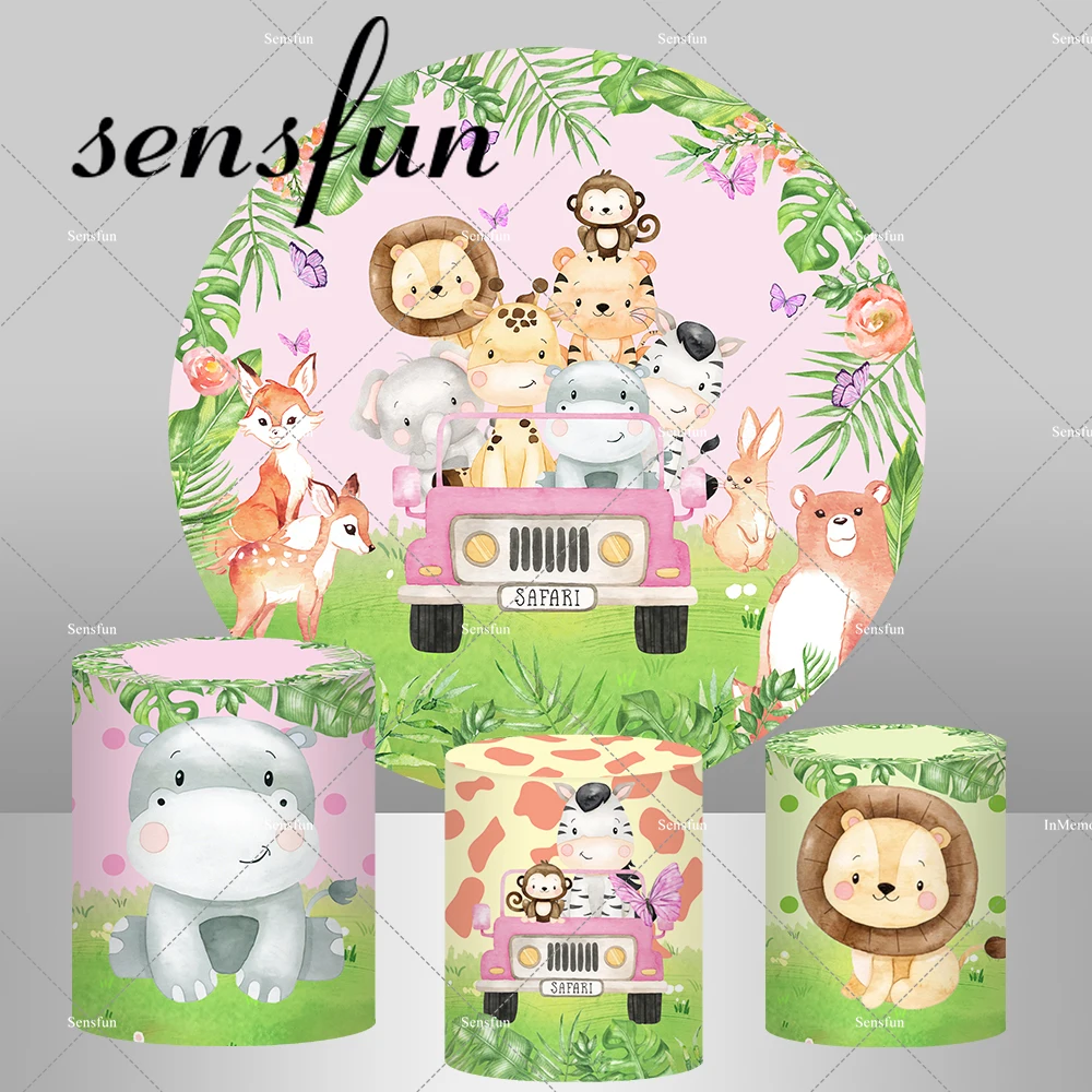 Green Leaves Pink Girls Safari Jungle Birthday Party Round Backdrop Cartoon Animals Kids Wild One Backgrounds Plinth Covers