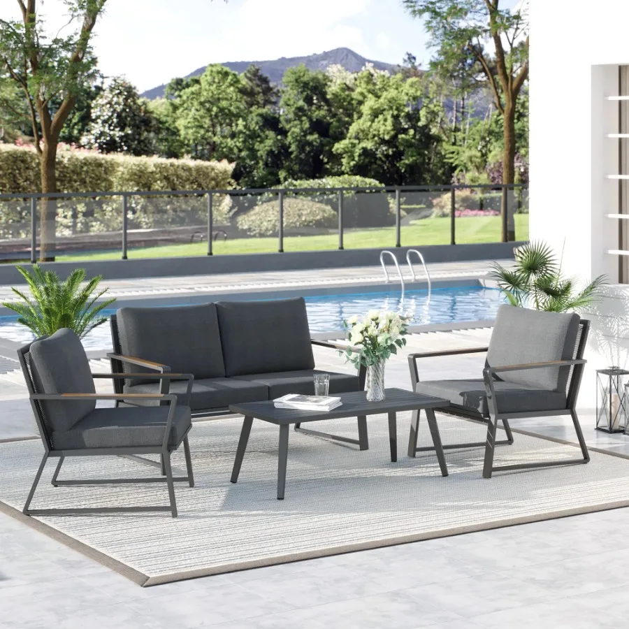 4 Piece Aluminum Patio Furniture Set Outdoor Garden Loveseat Armchair Coffee Table Cushions Dark Grey