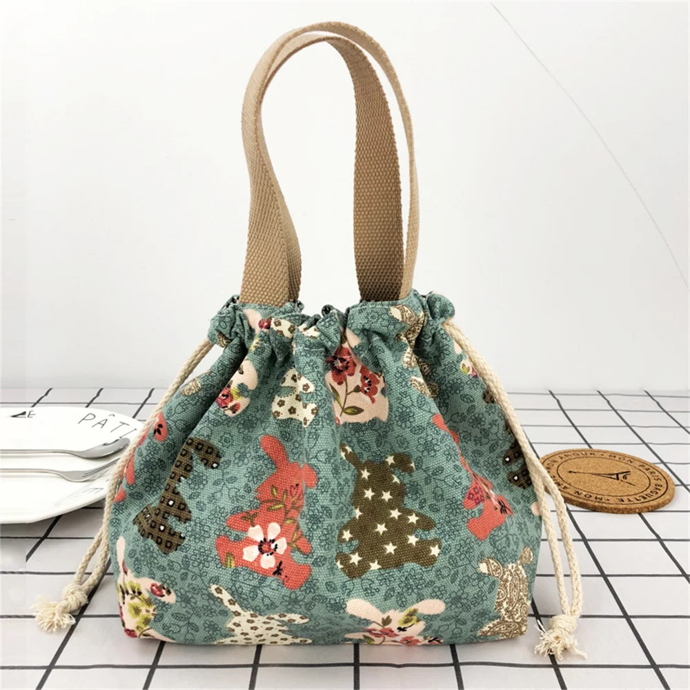 New Cute Bento Bag Handbag Student Canvas Lunch Box Bag Lunch Bag Handheld Bento Bag Womens Portable Drawstring Bag Handheld Bag