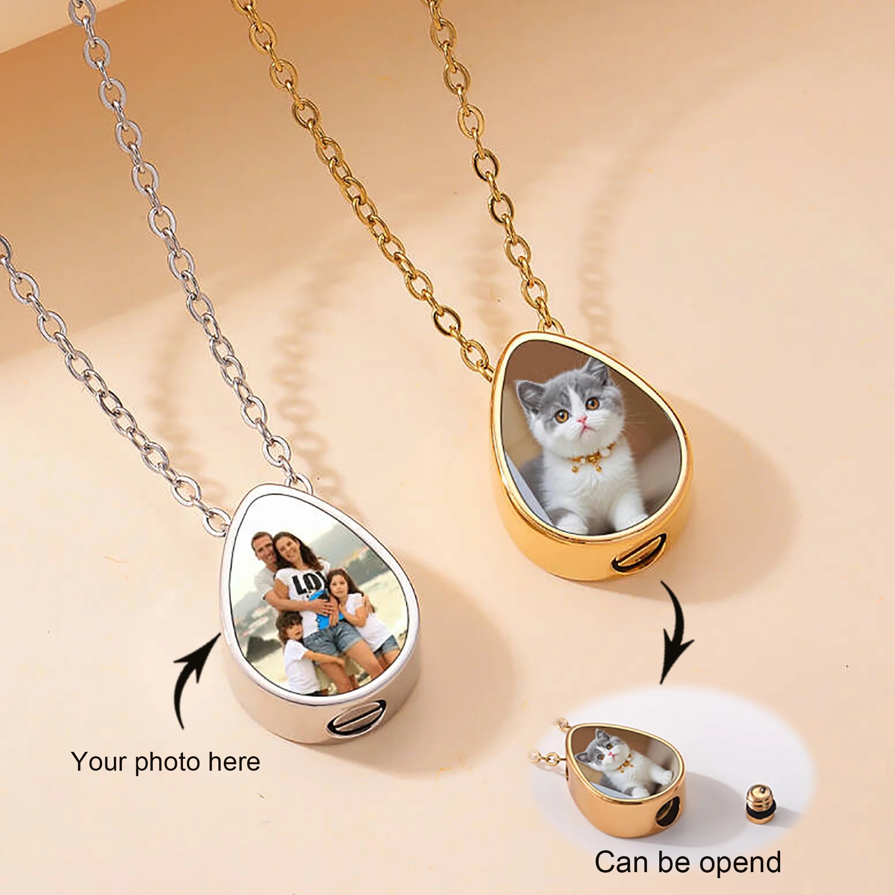 

Memorial Necklace Custom Photo&Text Cremation Urn Jewelry for Human/Pet Ashes Stainless Steel Teardrop Shaped Keepsake