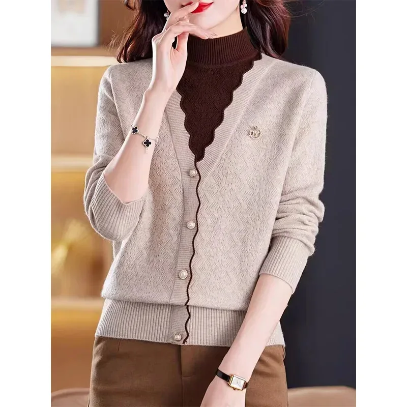 Women\'s Clothes Fake Two Pullovers Winter Thick Warm Half High Necked Wool Jumper Female Tops Knitted Cashmere Sweater