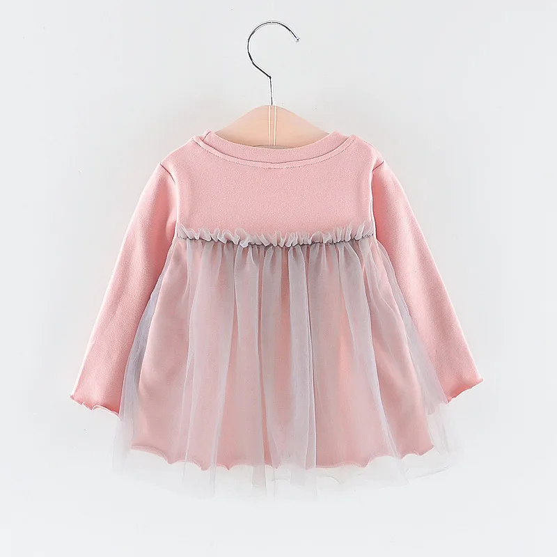 Autumn Fashion Long Sleeved Pink Fairy Baby Girl Dress Korean Style Sweet Lovely Spliced Crew Neck Toddler Dress
