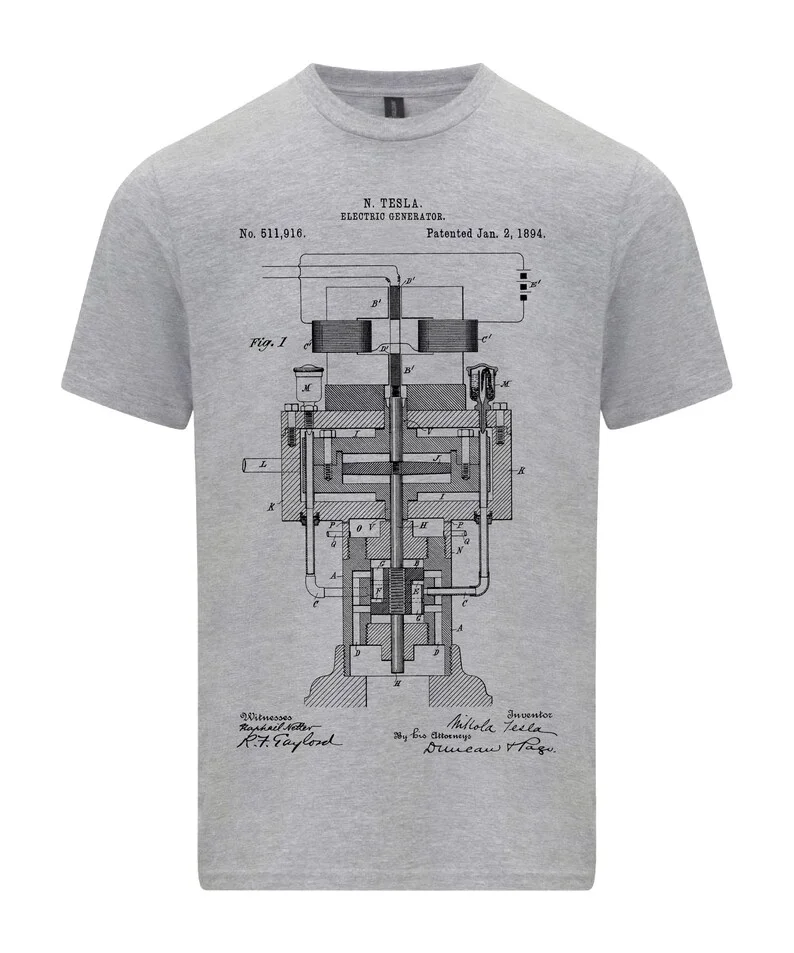 نيكولا تيسلا مولد المحرك براءات الاختراع تصميم اختراع الفيزياء المتحمسين تي شيرت تاريخ العلوم تسلا براءات الجرافيك القمم