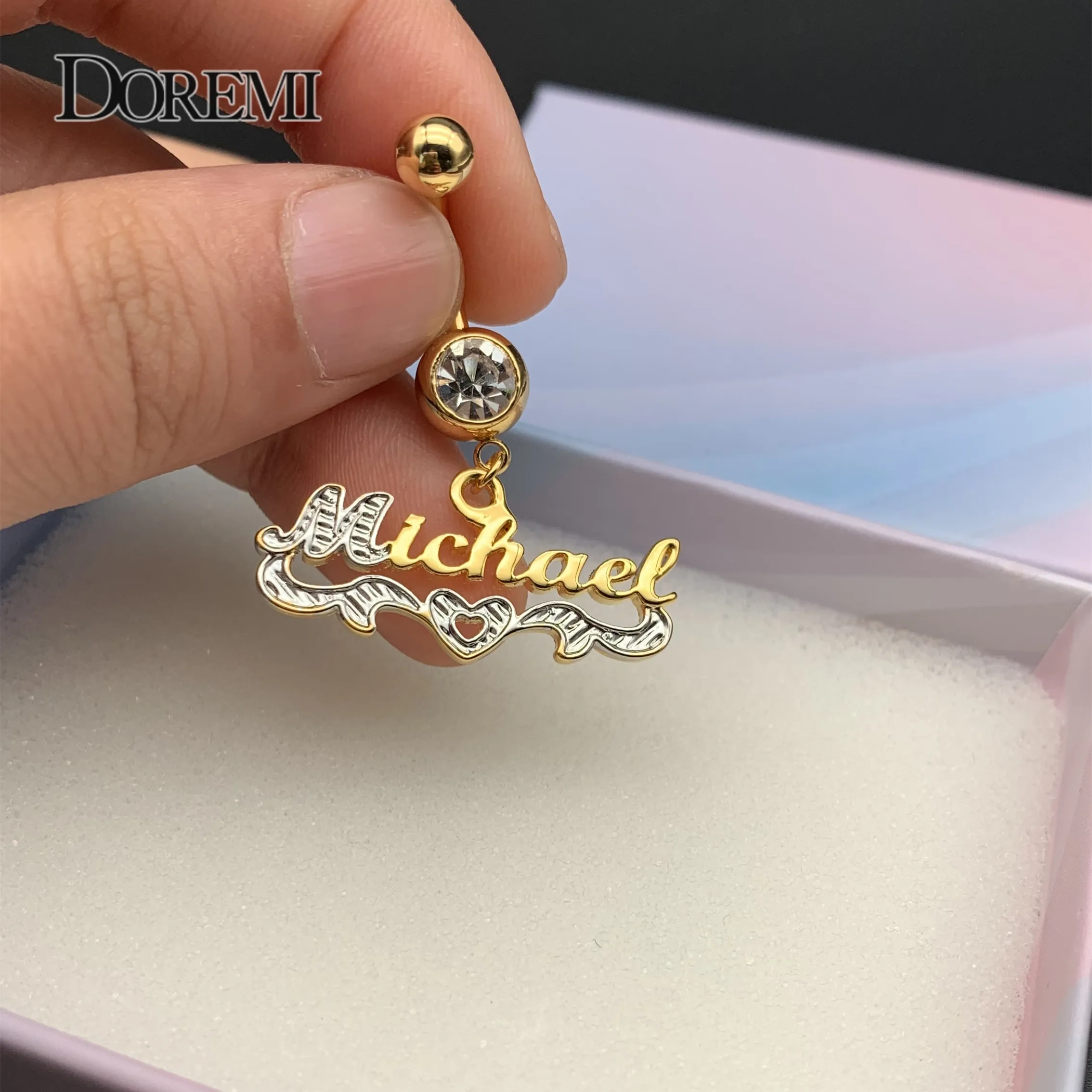 Imagem -04 - Doremi Cores Nome Personalizado Anel de Barriga Personalizado Corpo Jóias Zircão Personalizado Coração Carta Barriga Anel de Ouro Cor Presente para as Mulheres