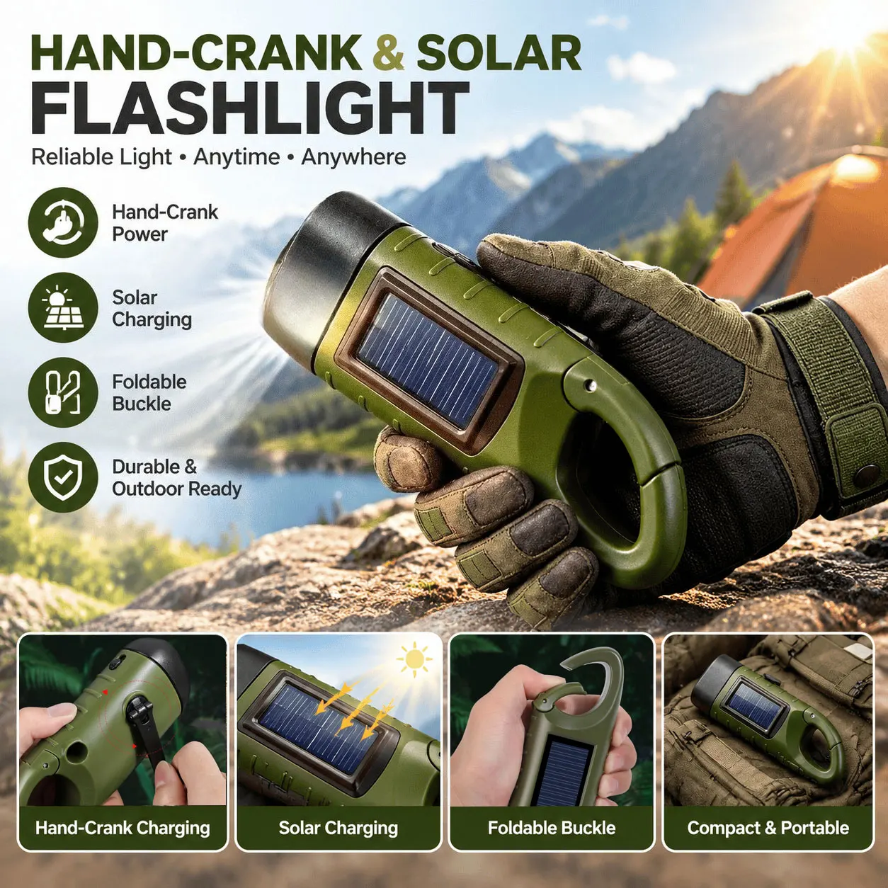 Multifunctional Outdoor Handheld LED Flashlight, Solar Powered Emergency Charging Light for Camping, Hiking and Adventure, Enhanced Outdoor Experience, Portable for Travel and Emergencies, Great Gift for Campers, Hikers and Outdoor Enthusiasts