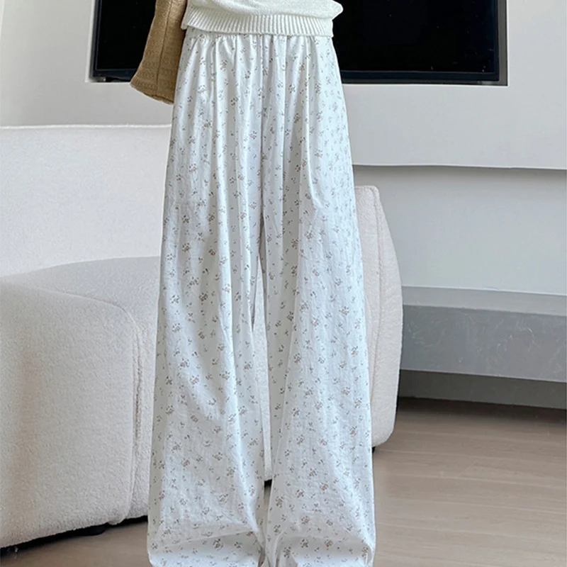 한국어 꽃 패턴 흰색 긴 바지 여성 탄성 높은 허리 바지 여성 봄 가을 느슨한 넓은 다리 바지 mujer