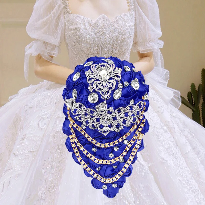 

High quality Crystal Bride Waterfall Bouquet Bridesmaids Accessories Handmade Satin Rose Elegant Wedding Flowers Bridal Bouquet