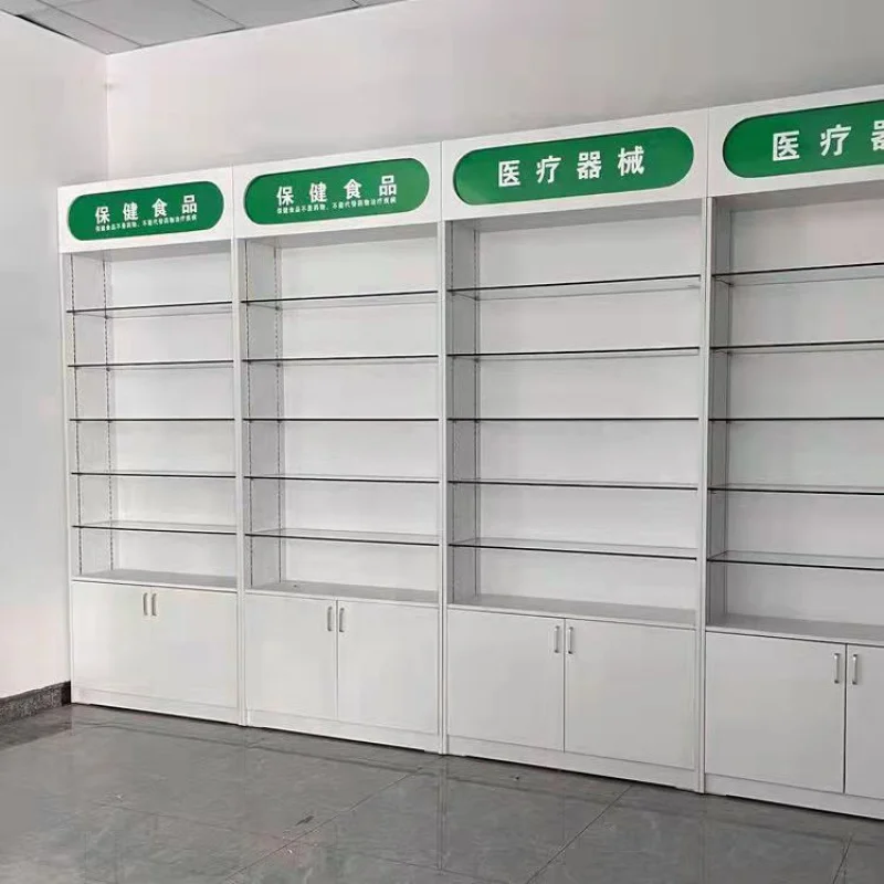 custom，Commercial Medical Shop Wooden Glass Showcase Pharmacy Shop Counter Pharmacy Furniture Interior Design For Sale