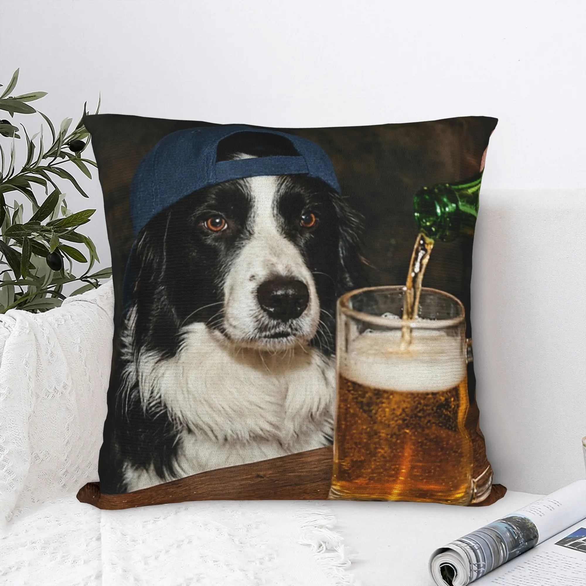 Soft Border Collie Drinking Beer Pillowcase Polyester Cushion Cover Decoration Funny Dog Meme Throw Pillow Case Cover Square