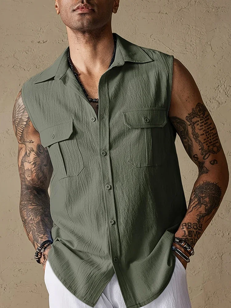 

2025 Summer Casual Solid Color Vest Mens Cardigan Vintage Lapel Button-up Tank Tops Men Daily Leisure Sleeveless Loose Camisoles