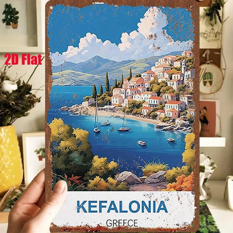 2D Flat - 1pc 2D[Flat] Metal Sign Corfu, Greece Landscape Tin Painting, 8X12 Inches/20X30 Cm, Featuring a Seaside Town with Blue