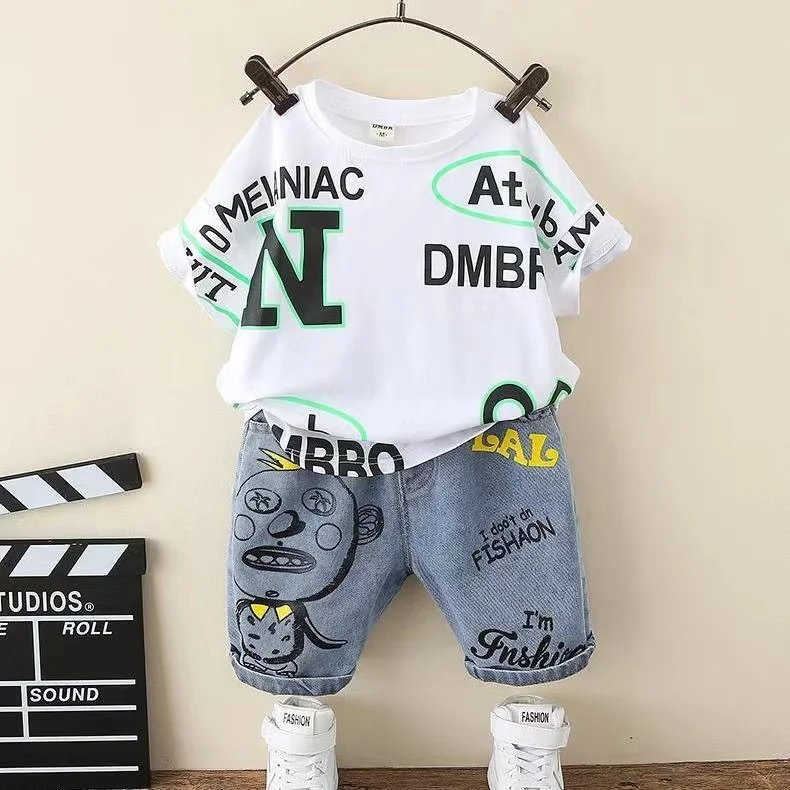 

Personality Boutique Summer Boys Clothes Letter Cotton Short Sleeve T-Shirt+Cartoon Jeans 2PCS Fashion Sport Set Children Outfit