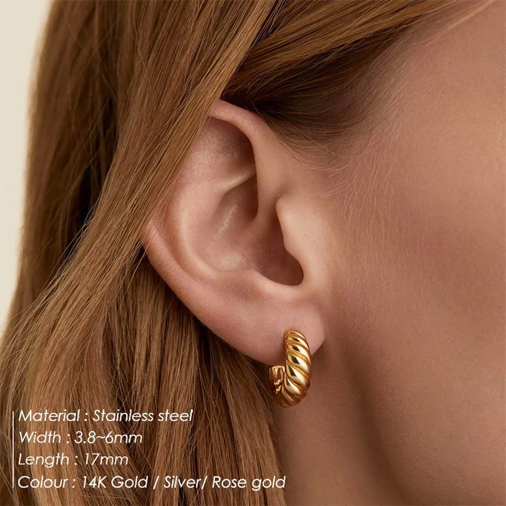 Vintage Edelstahl-Croissant-Ohrringe für Damen, 14K vergoldet, klobige, gedrehte, texturierte C-förmige Ohrstecker, Schmuck