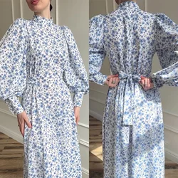 Fashion Slim Floral Print Women Dress Frenum Mock Turtleneck Long Sleeve Ankle Length Dress Elegant Classic Pattern Female Dress