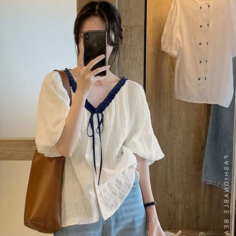 Shirts Women Summer Loose Causal Tops Breathable Tender Pleated Lace-up Patchwork Fashion Ins Sunscreen All-match Blouse Mujer