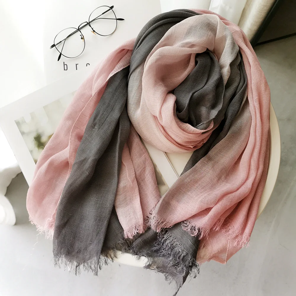 Japanische Art Unisex Baumwolle Leinen Schal Farbverlauf Farbe Herbst Winter lange weiche Schals und Wraps Dame kurze Quaste Bufanda