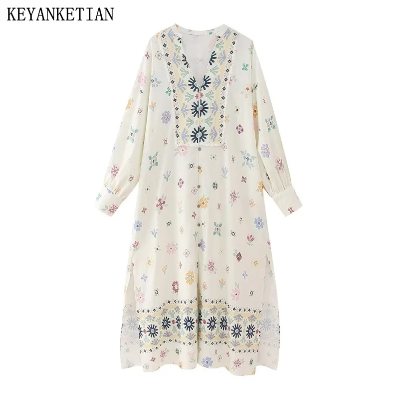 

KEYANKETIAN Autumn Women's Geometric Printing Dress Boho Style V-neck Full Sleeve Loose A-Line Skirt Holiday Ankle-Length Dress