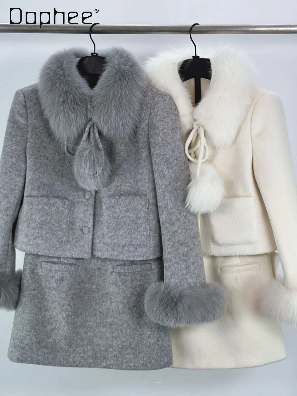 

Fox Fur Collar Down Liner Short Wool Jacket and A Line Skirt Two Piece Sets Women Elegant Ladies Outfit Solid Color Slim