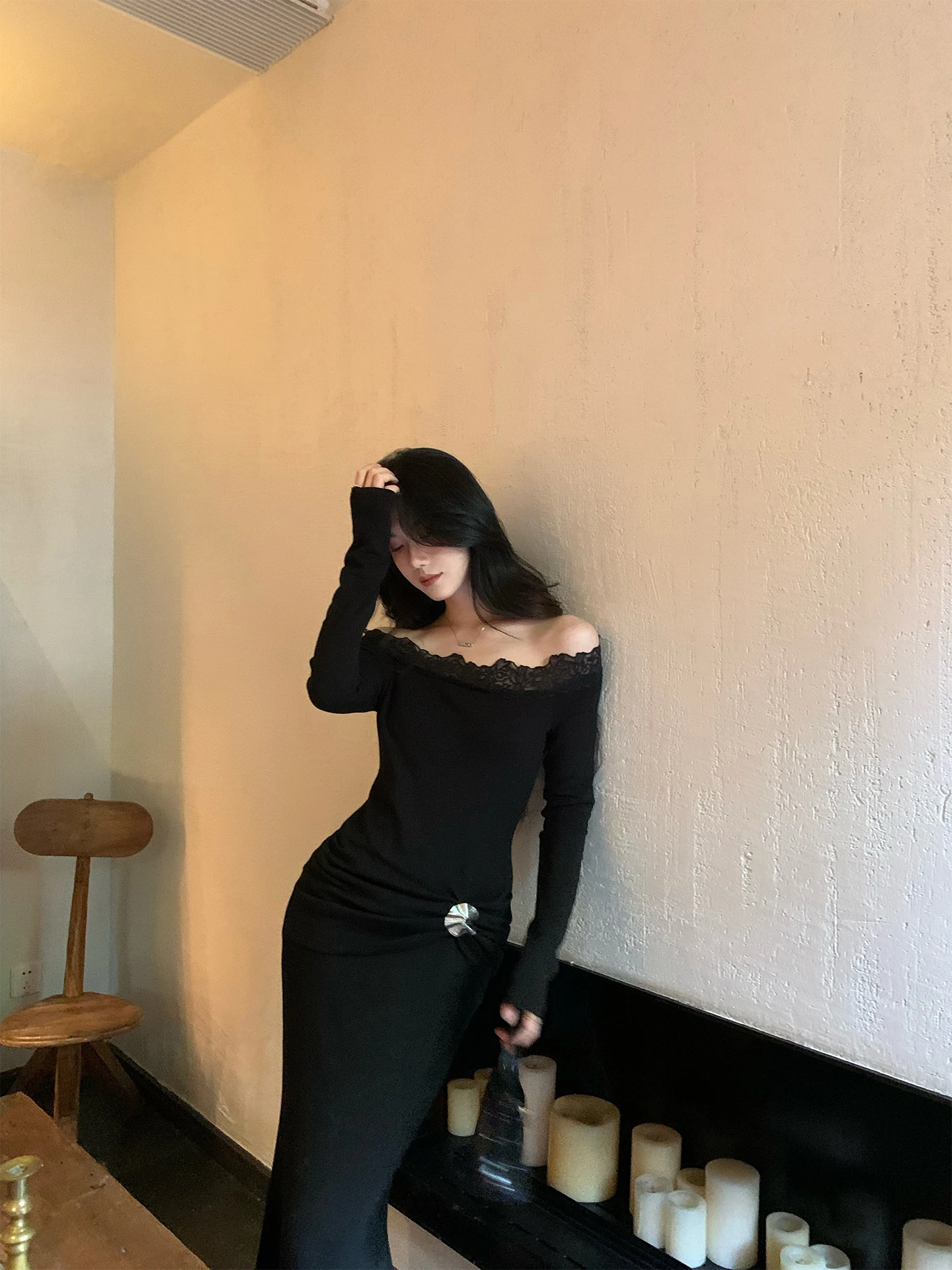 

Norain Bla Lace Splice Long Dr Women's Winter Waist Cinch One oulder Long Sve Dr Ele High Waist Cotton Blend