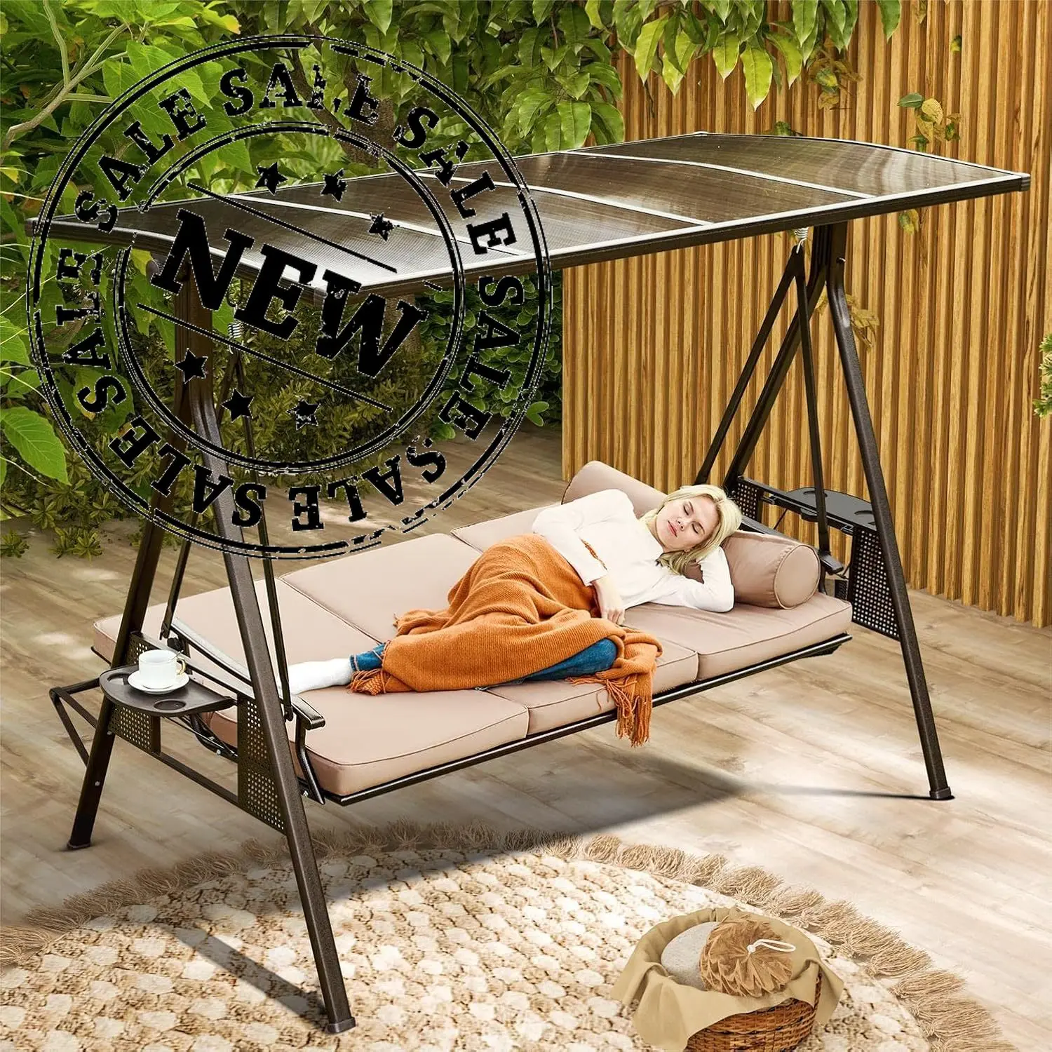 

Oversized Outdoor Porch Swing with Hardtop, 3 Seat Patio Swing with 2 Side Cup Holder, 3-in-1 Convertible Backrest Swing Bed