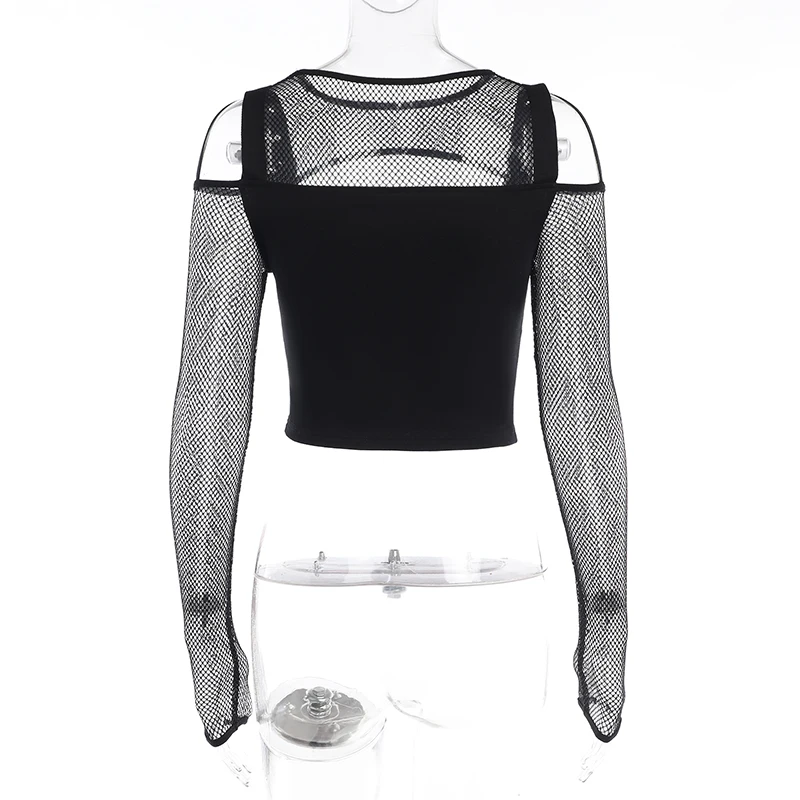 Women's Autumn And Winter New Dark Punk Style Hot Girl Sexy Slim Off-The-Shoulder long-Sleeved Top Grid T-Shirt