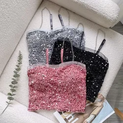 Sexy Y2k Crop Top Shiny Squins Bandeau Camisoles Summer New Fashion Cropped Slim Tank Top Women