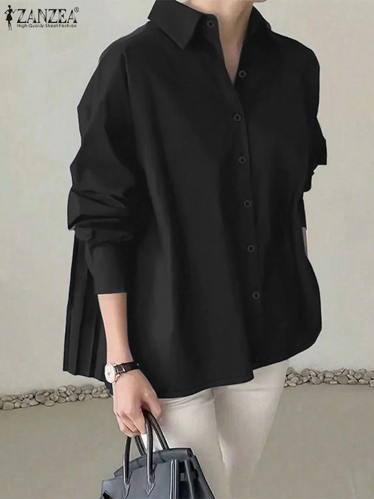 Mode Vrouwen Shirt ZANZEA 2025 Herfst Blouse Vrouwen Revers Hals Lange Mouw Office Shirts Solid Pleaed Blusas Vrouwelijke OL Werk tops