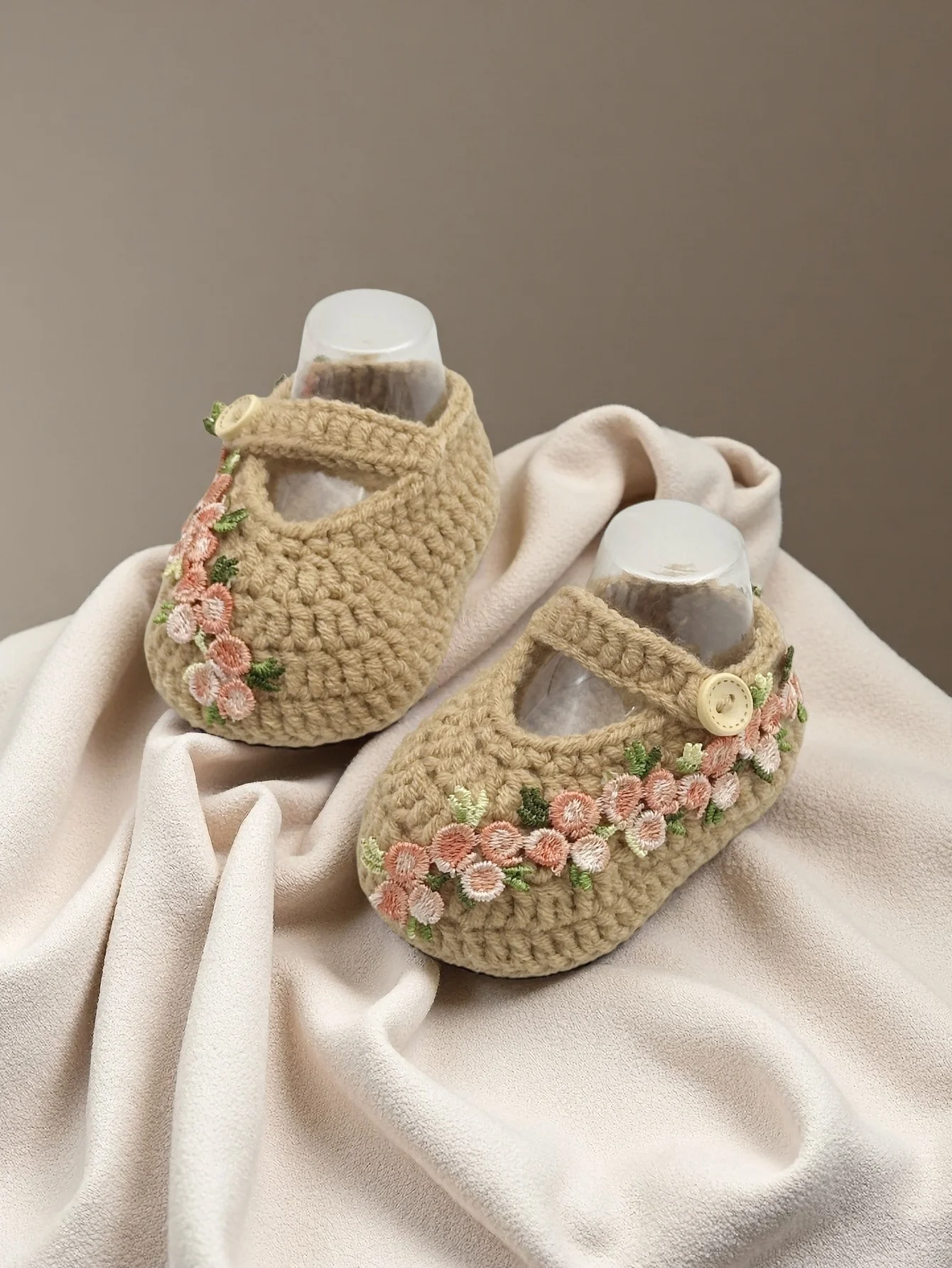 

1 Pair Handmade Crochet Baby Shoes, Khaki with Floral Embroidery, Mary Jane Style with Button Strap