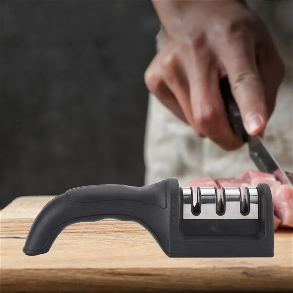 1Pc Knife Sharpener Handheld Multi-Function Quick Sharpening Tool With Non-Slip Base Tungsten Steel Kitchen Gadget 3-Stage Type